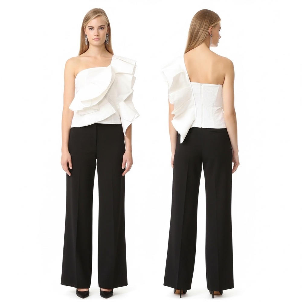 Luxe by StyleKeepers Ivory One Shoulder Ruffle Top Small Runway Chic Statement